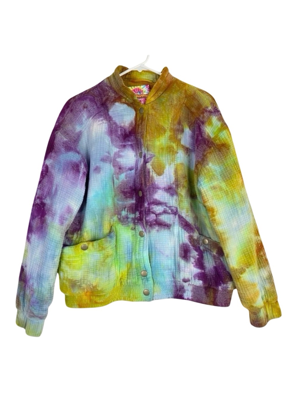 Upcycled Tie Dye Bomber Jacket Womens Size Medium Cotton Puffer Pockets Blue Tan
